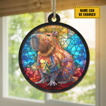 Teesdily | Customized Capybara Suncatcher, Capybara Stained Glass Suncatcher Christmas Decor Hanging, Capybara Lovers Gift, Chrismas Home Decor, Xmas Gifts