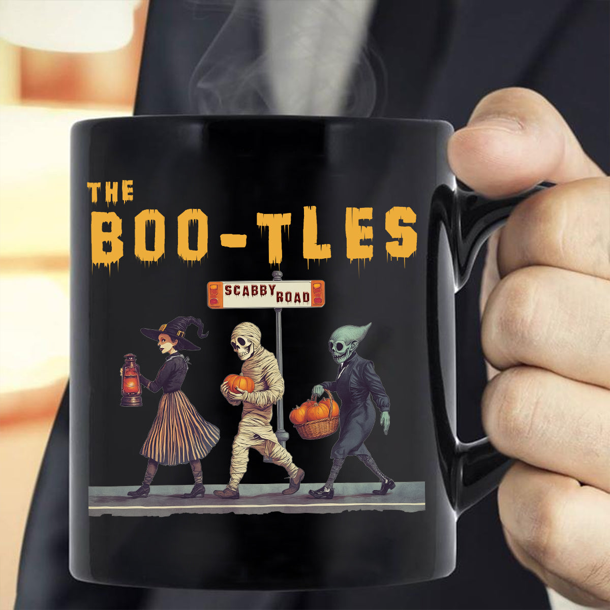 Teesdily | The Boo-tles Shirt, Retro Halloween Ghost Sweatshirt, Scabby Road Witchy Hoodie Mug, Spooky Season Skeleton Pumpkin Halloween Boo Gift