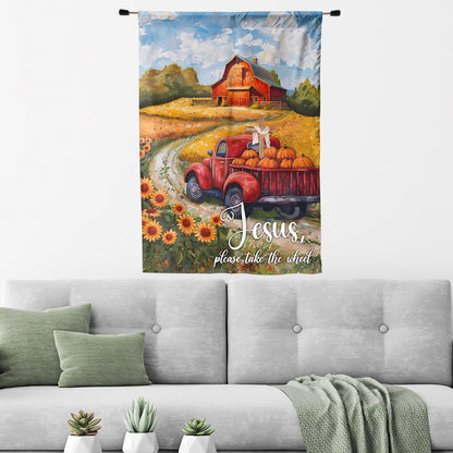 Teesdily | Jesus Take The Wheel House Flag, Jesus Christ Thanksgiving Garden Flag, Pumpkin Sunflower Autumn Flag, Farmhouse Seasonal Outdoor Decor