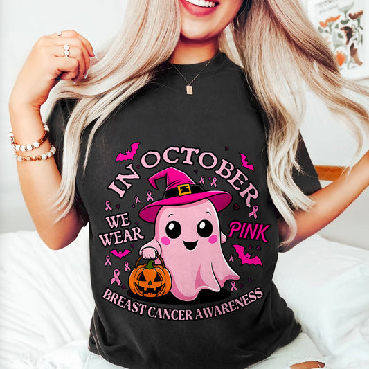 Teesdily | Cute Ghost Breast Cancer Awareness Shirt, In October We Wear Pink Tee Sweatshirt Hoodie Mug, Breast Cancer Support Warrior Gift