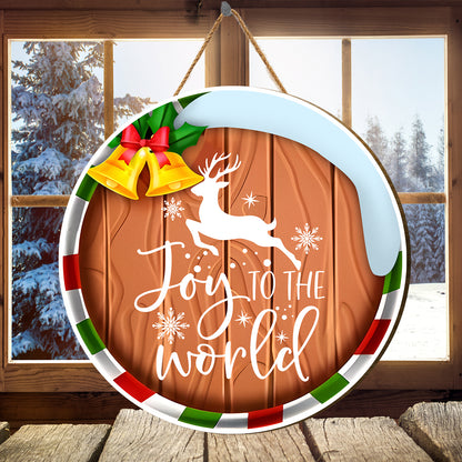 Teesdily | Reindeer Christmas Round Hanging Sign, Joy To The World Christmas Wooden Sign, Merry Christmas Decoration Hanging Sign, Housewarming Gifts