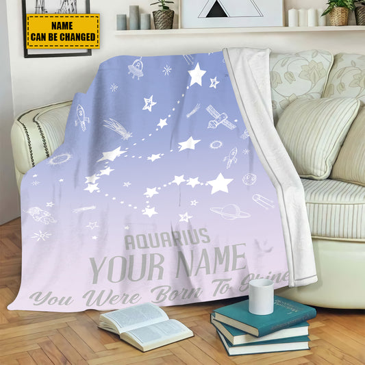 Teesdily | Aquarius Customized Fleece Blanket Constellation Blanket You Were Born To Shine Fleece Personalized Name Zodiac Blankets Astrology Gifts