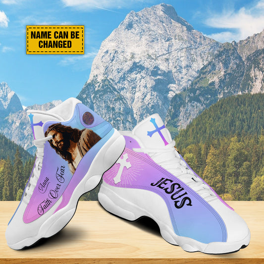 Teesdily | Customized Jesus Saves Faith Over Fear Running Shoes Jesus Christian Sport Shoes Gift For Christian God Believers