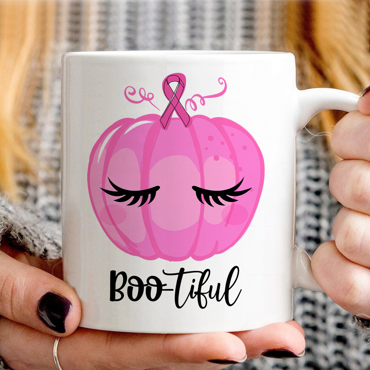 Teesdily | Pink Pumpkin Bootiful Shirt, Breast Cancer Halloween Sweatshirt, Pink Ribbon Pumpkin Cancer Fighter Hoodie Mug, Cancer Month Gift