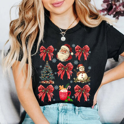 Teesdily | Christmas Coquette Bow Santa Shirt, Christmas Tree Snowman Mug Sweatshirt Hoodie, Retro Merry Bright Tee