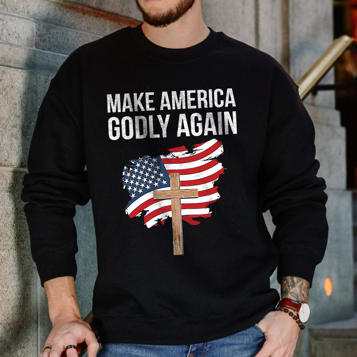 Teesdily | Jesus Cross Patriotism American Shirt, Make America Godly Again Jesus Shirt, Independence Day Unisex Tshirt Hoodie Sweatshirt Mug