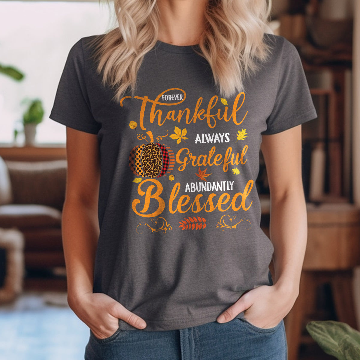 Teesdily | Pumpkin Jesus Shirt, Forever Thankful Always Grateful Abundantly Blessed Tee Sweatshirt Hoodie Mug, Jesus Lovers Gift, Thanksgiving Gift