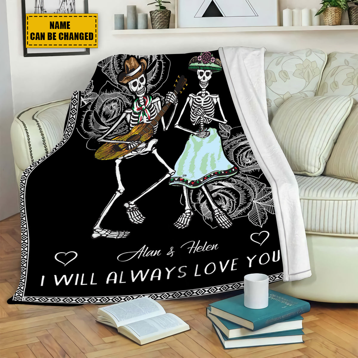 Teesdily | Day Of The Dead Skeleton Couple Personalized Fleece Blanket I Will Always Love You Throw Blanket Couple Halloween Bedroom Decor