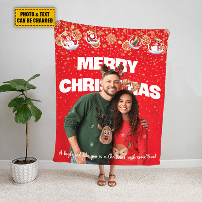 Teesdily | Christmas Couple Custom Blanket With Picture Boyfriend Like You Is A Christmas Wish Come True Sherpa Blanket Merry Christmas Gift Boyfriend