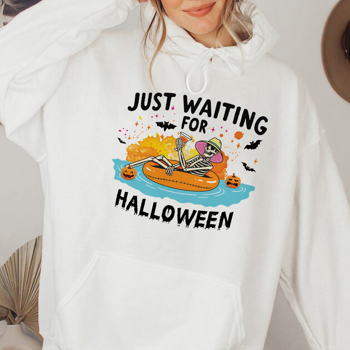 Teesdily | Halloween Skeleton Shirt, Just Waiting For Halloween Sweatshirt Hoodie Mug, Skeleton Pumpkin Tee, Cute Spooky Summer Halloween Gifts