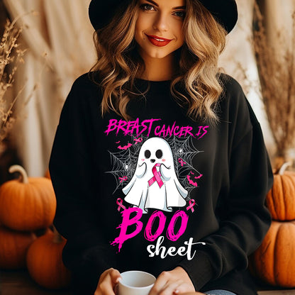 Teesdily | Pink Ribbon Breast Cancer Is Boo Sheet Shirt, Cute Halloween Ghost Boo Sweatshirt, Cancer Survivor Hoodie Mug