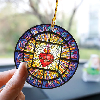 Teesdily | Jesus Sacred Heart Stained Glass Print Window Car Hanging Ornament Jesus Christ Acrylic Car Mirror Hanging Christmas Xmas Tree Decoration