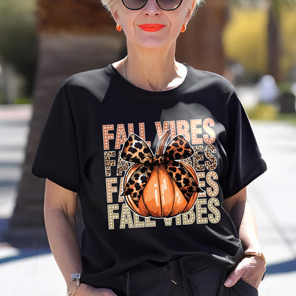 Teesdily | Retro Fall Vibes Pumpkin Bow Shirt, Halloween Pumpkin Ghost Bow Leopard Sweatshirt, Happy Fall Hoodie Mug, Fall Tee