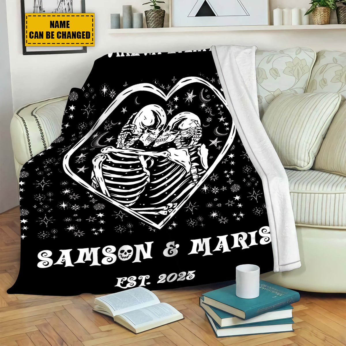 Teesdily | Personalized Skeleton Blanket Halloween Goth Wedding Fleece Blanket Funny Skeleton Couple Love Anniversary Sofa Blanket Custom Gifts