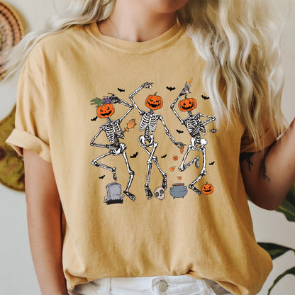 Teesdily | Dancing Skeleton Pumpkin Shirt, Retro Halloween Spooky Season Sweatshirt Hoodie Mug, Halloween Pumpkin Face T-shirt, Halloween Shirt Gift