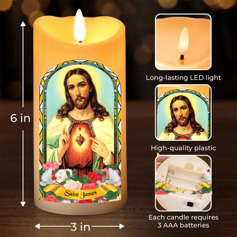 Teesdily | Customized Jesus Scared Heart Led Candle, Saint Gift Christmas Flameless Candle Xmas Gift, Jesus Christian Lover Gift