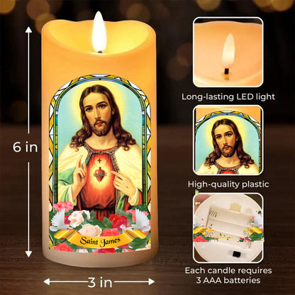 Teesdily | Customized Jesus Scared Heart Led Candle, Saint Gift Christmas Flameless Candle Xmas Gift, Jesus Christian Lover Gift