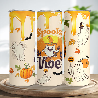 Teesdily | Halloween Spooky Vibes Ghost Skinny Tumbler, Ghost Pumpkin Bat Witch Tumbler 20oz, Cute Ghost Tumbler Cup, Happy Halloween Holiday Gifts