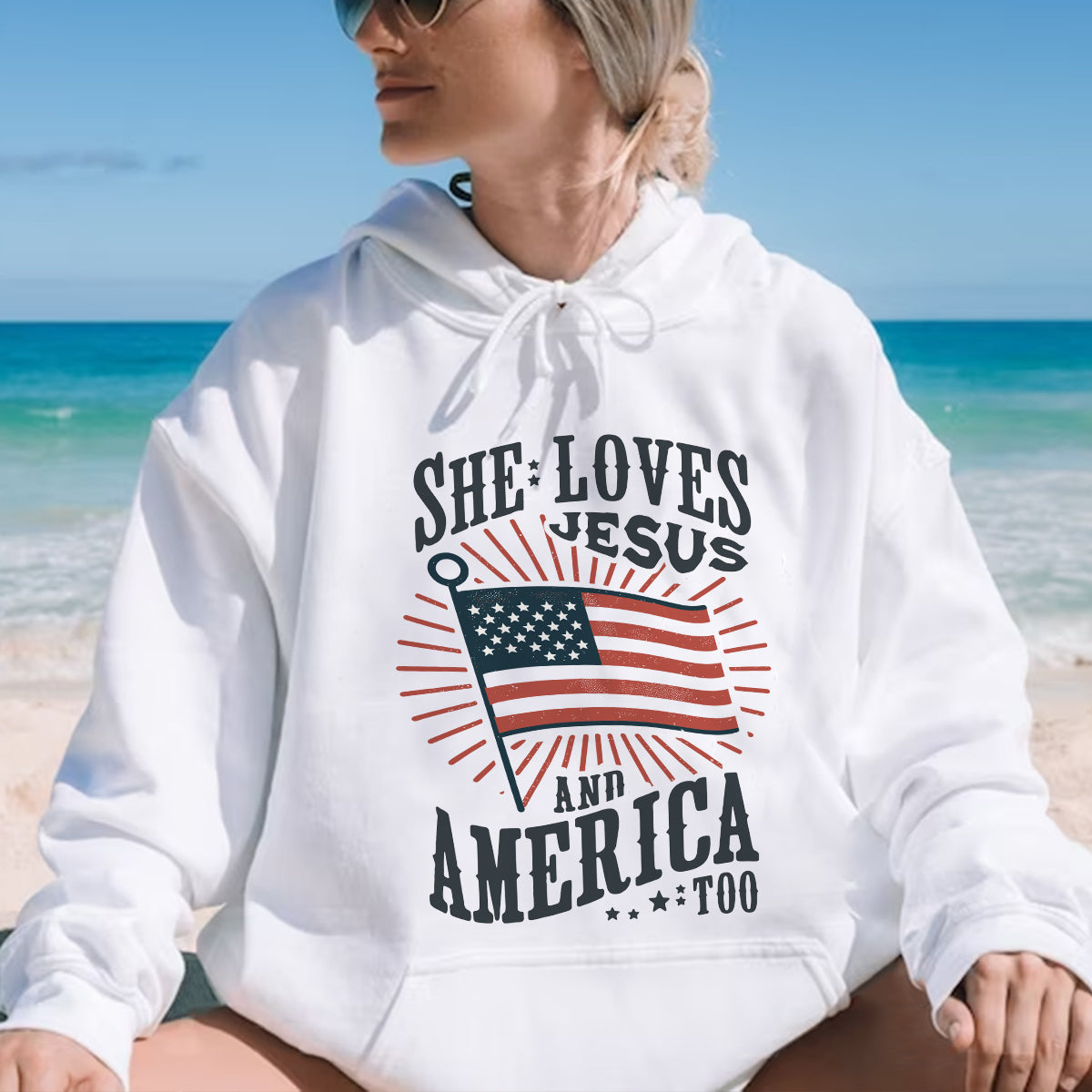 Teesdily | American Flag Tshirt, She Loves Jesus And America Too, Indepdence Day Sweatshirt Hoodie, Christian Gifts Mug