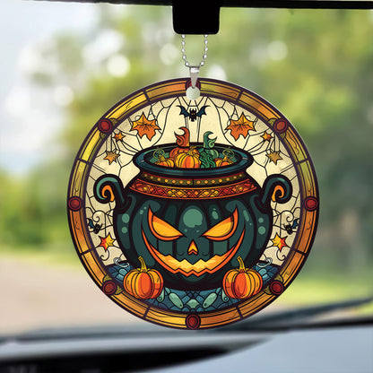 Teesdily | Halloween Witch Car Hanger Ornament, Pot Of Poison Pumpkin Car Pendant Hanging, Halloween Ornament Decor, Happy Halloween Gift