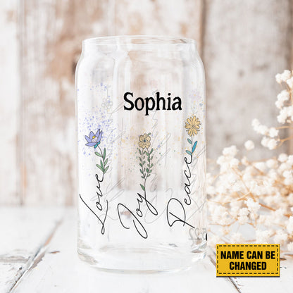 Teesdily | Custom Jesus Wildflower Glass Can, Love Joy Peace Patience Kindness Faithfulness Cup, God Lover Gift, God Frosted Glass Can With Straw