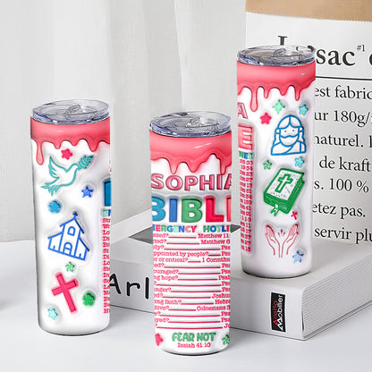 Teesdily | Bible Emergency Hotlines Customizes Inflated 20oz Skinny Tumbler Christian Symbols 3d Insulated Tumbler Religious Inspiration Custom Gifts