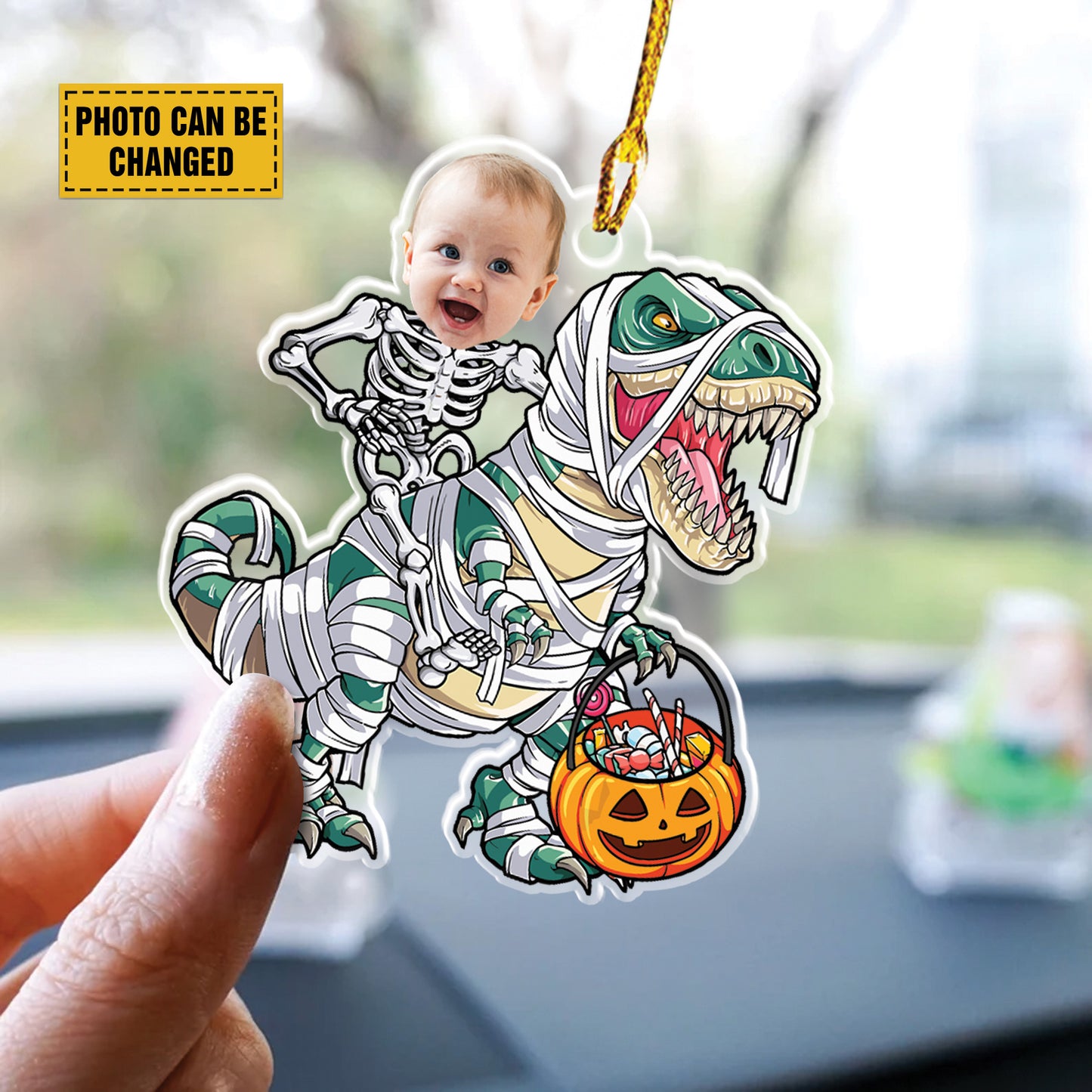 Teesdily | Customized Funny Dinosaur Pumpkin Halloween Ornament, Skeleton Kid Pumpkin Ornament Car Hanging, Trick Or Treat Ornament, Halloween Gift