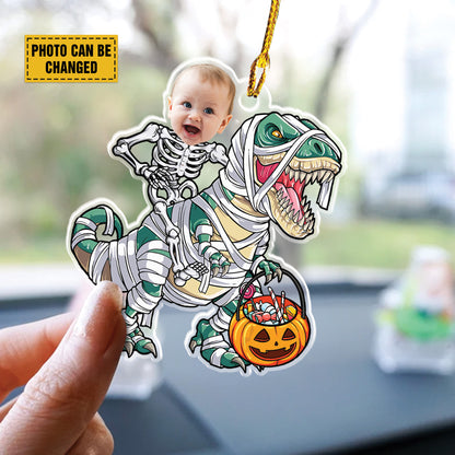 Teesdily | Customized Funny Dinosaur Pumpkin Halloween Ornament, Skeleton Kid Pumpkin Ornament Car Hanging, Trick Or Treat Ornament, Halloween Gift