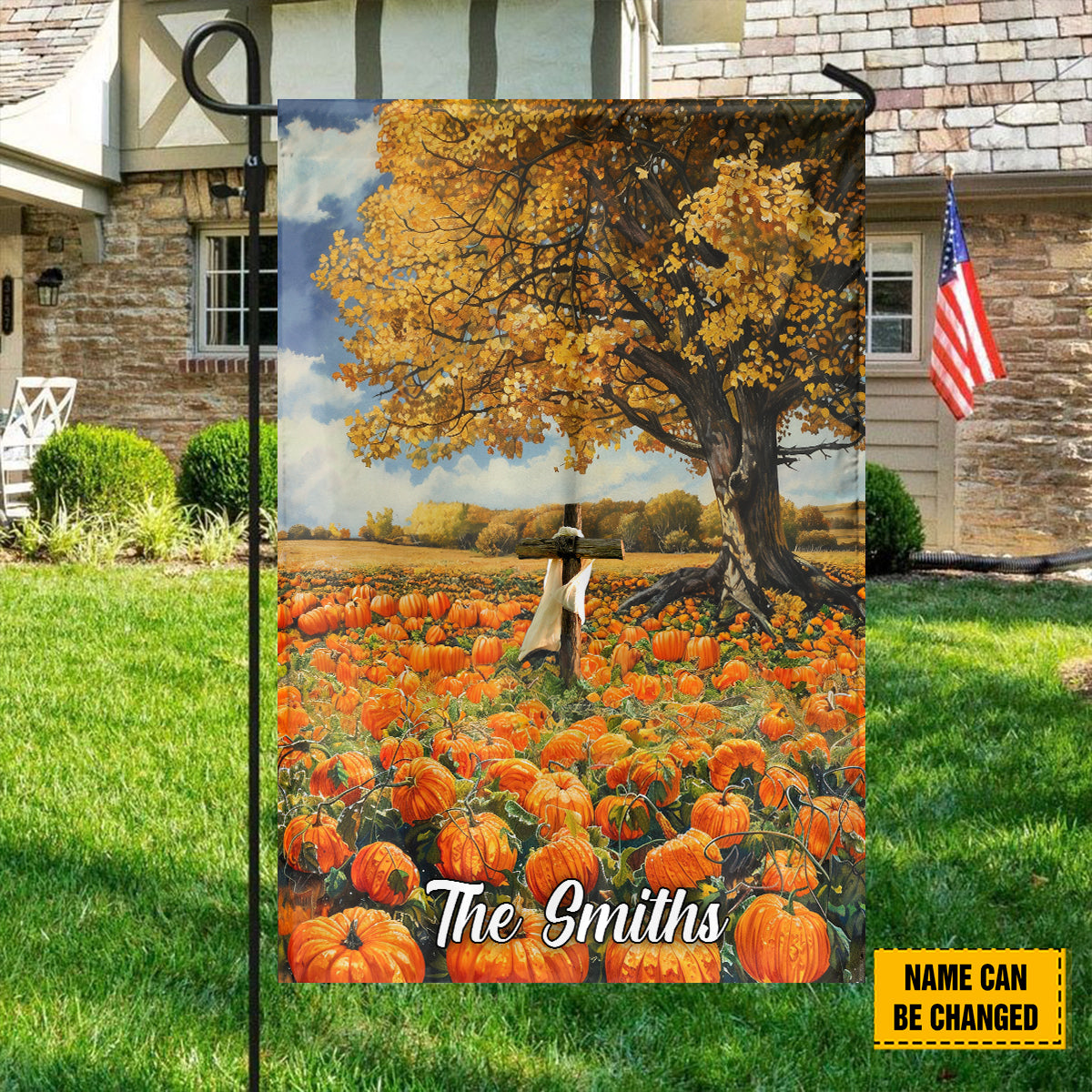 Teesdily | Jesus Thanksgiving House Flag, Autumn Pumpkin Field Landscape Garden Outdoor Flag, Fall For Jesus He Never Leaves Seasonal Decorations