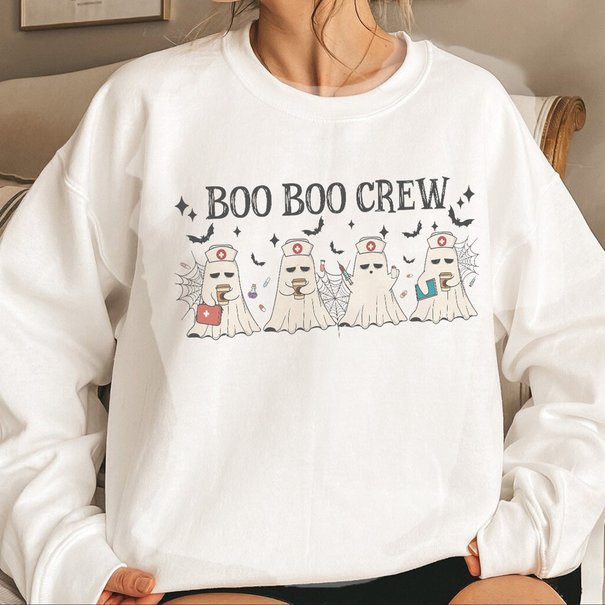 Teesdily | Cute Ghost Nurse Halloween Shirt, Boo Boo Crew Tee Sweatshirt Hoodie Mug, Happy Halloween Gift, Spooky Season Gifts, Nurse Halloween Gift