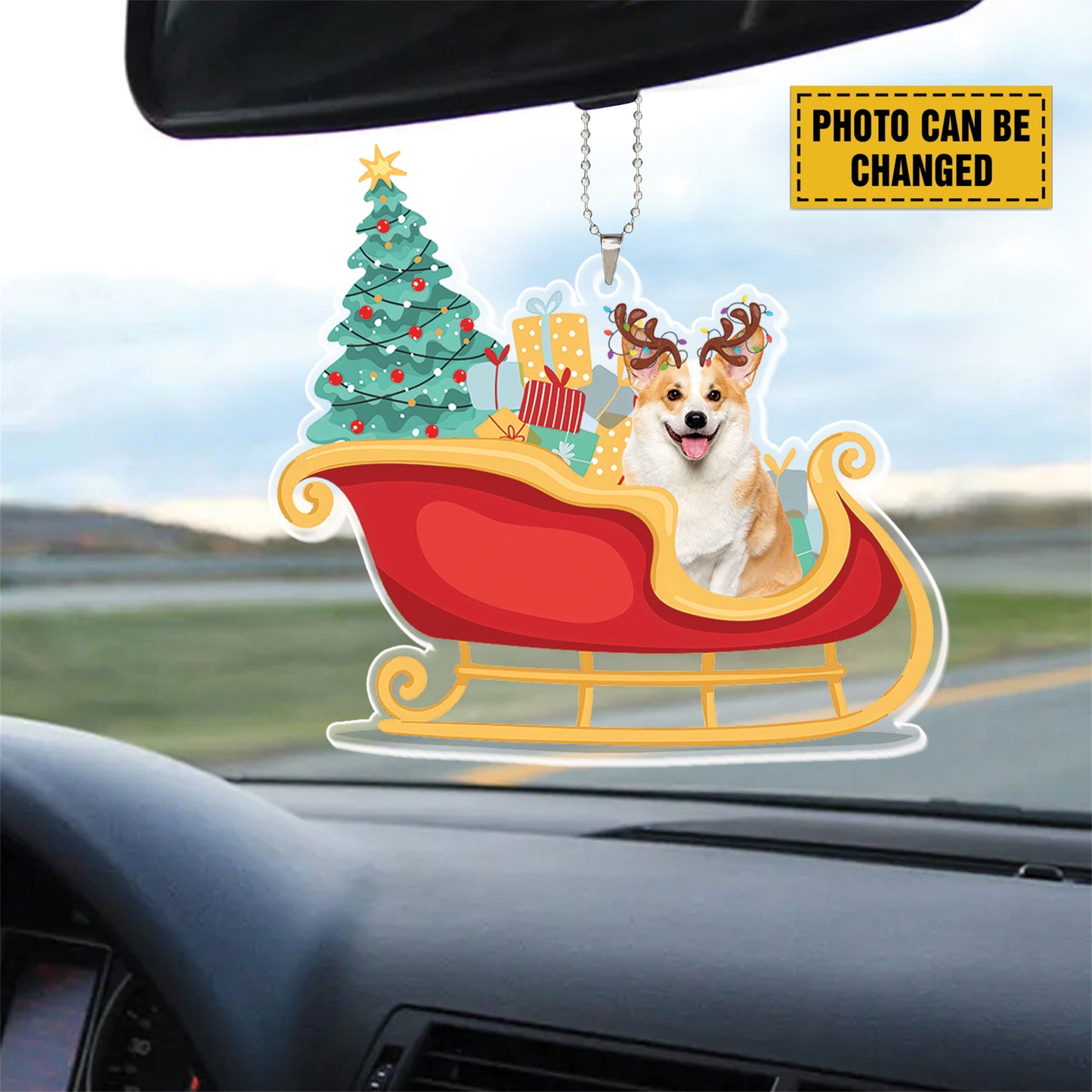 Teesdily | Customized Photo Dog Christmas Ornament, Corgi Santa Sleigh Hanging Ornament, Pet Christmas Gift Boxes, Dog Ornament, Dog Mom 2024 Gift