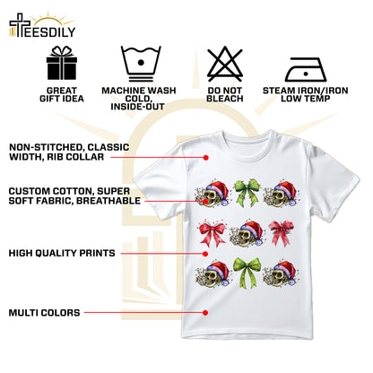 Teesdily | Christmas Coquette Skeleton Bow Shirt, Coquette Bow Skeleton Halloween Sweatshirt, Christmas Light Hoodie Mug Tee