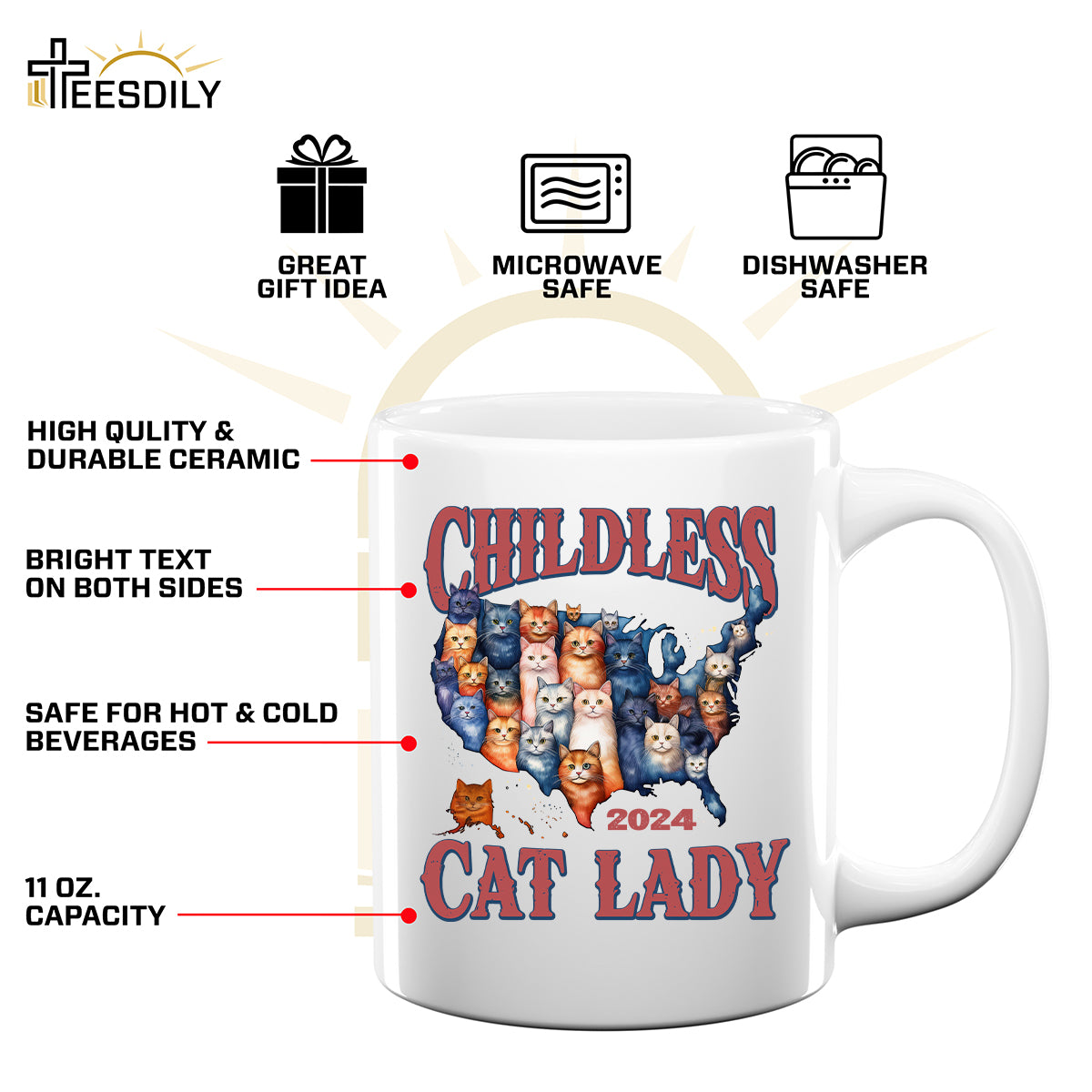 Teesdily | Childless Cat Lady 2024 Shirt, American Map Cats T-shirt, Funny Childless Cat Lady For Ka-mala Sweatshirt Hoodie Mug, Cat Lovers Gift