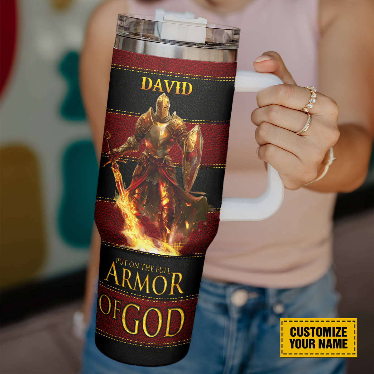 Teesdily | Personalized Armor Of God Tumbler, Put One The Full Armor Of God Water Tumbler, Faith Jesus Religious 40oz Tumbler With Handle & Straw