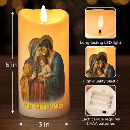 Teesdily | Personalized Holy Family LED Candle, Christmas Jesus Christ Our Lord LED Candle, Religious Home Decor Christmas Gift