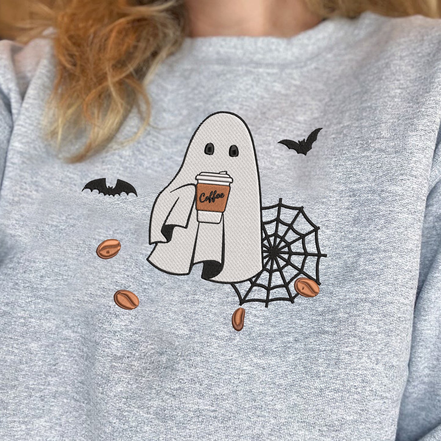 Teesdily | Halloween Cute Ghost Drinking Coffee Embroidery Shirt, Halloween Ghost Coffee Embroidered Sweatshirt, Ghost Boo Shirt, Coffee Lover Gift