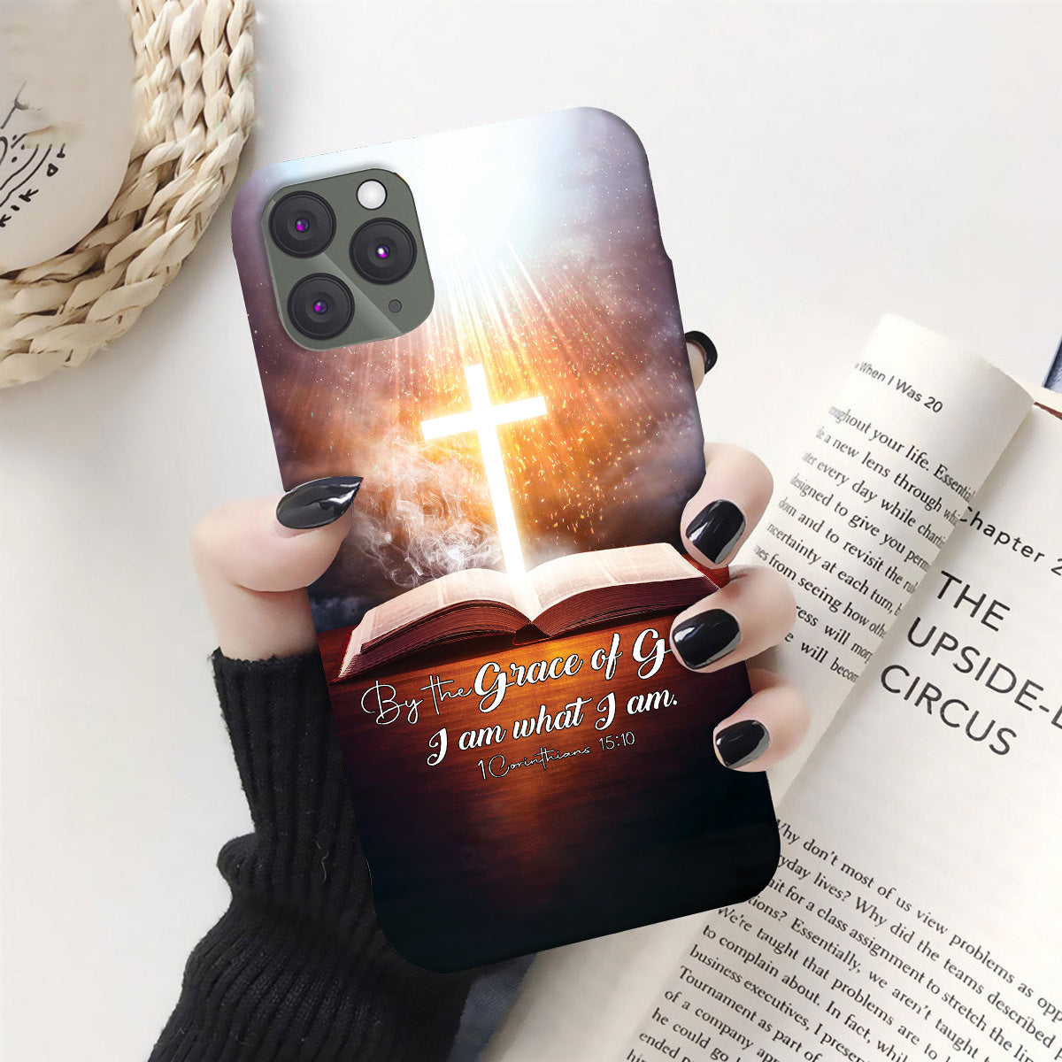 Teesdily | Jesus Christian Cross Bible Heaven Graphic Phone Case By The Grace Of God I Am What I Am All Over Print Phone Cover Religious Gift Ideas