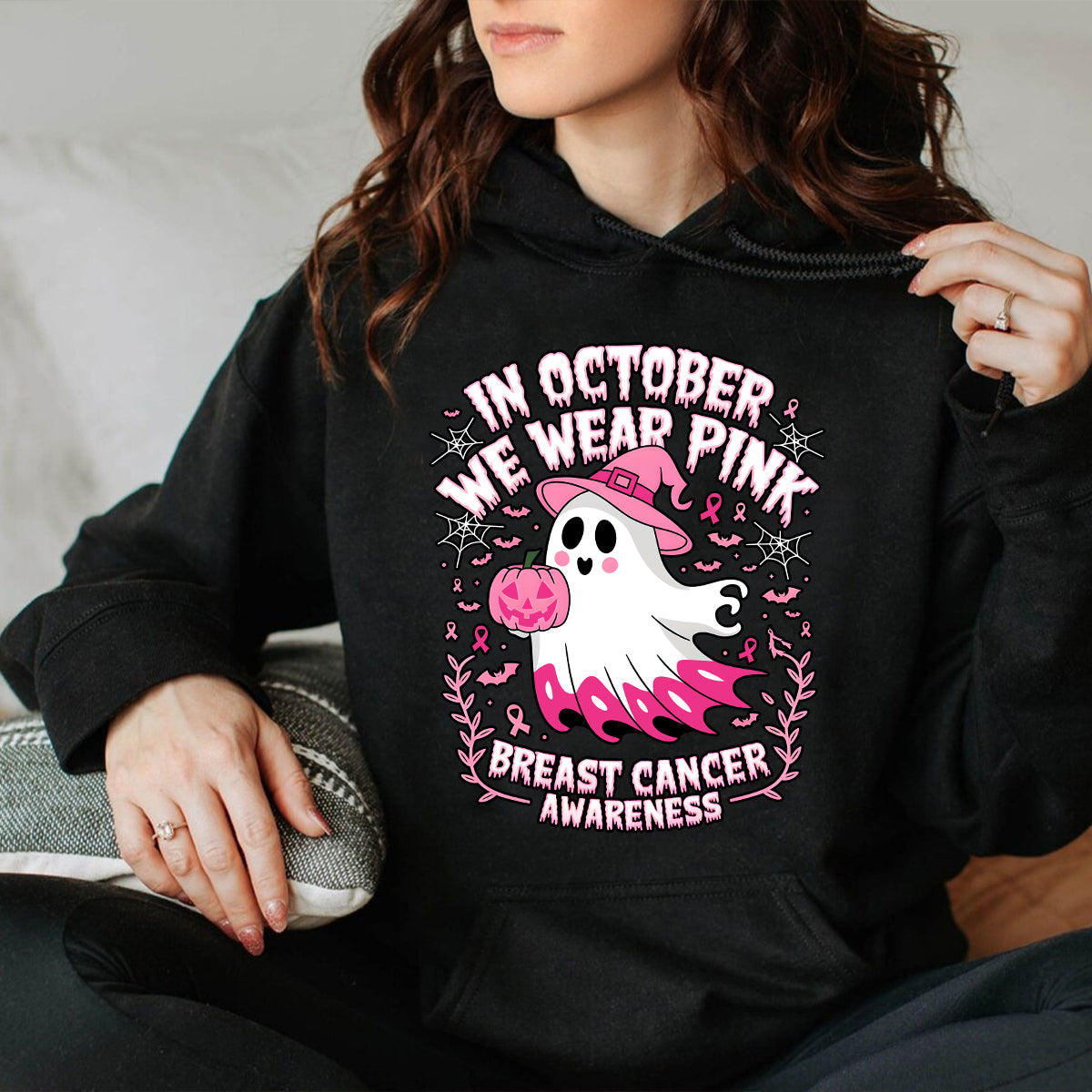 Teesdily | In October We Wear Pink Ghost Shirt, Breast Cancer Awareness Sweatshirt, In October We Wear Pumpkin, Pink Ribbon Hoodie Mug