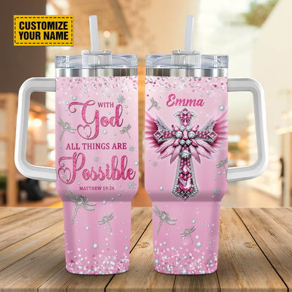 Teesdily | Personalized Jesus Cross Jewelry 40oz Tumbler With Lid And Straw, With God All Things Are Possible Insulated Cup, Spiritual Gifts For Girl