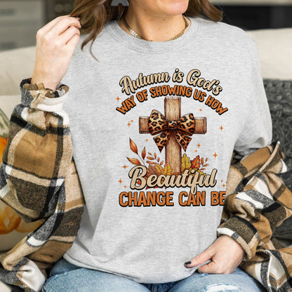 Teesdily | Jesus Cross Coquette Bow Thanksgiving Shirt, Autumn Is God's Way Tee Sweatshirt Hoodie Mug, Thanksgiving Jesus Gift