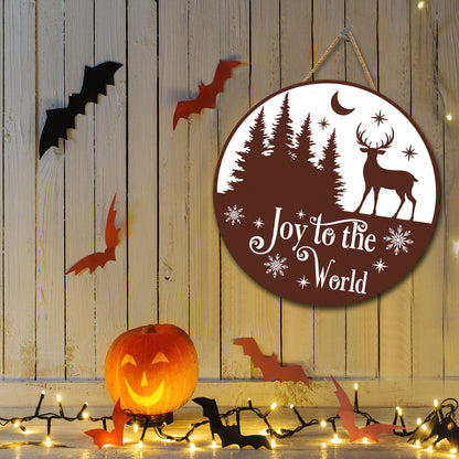 Teesdily | Reindeer Christmas Wood Sign Joy To The World Christmas Decoration Door Decor Holiday Family Members Gifts Xmas Vibe