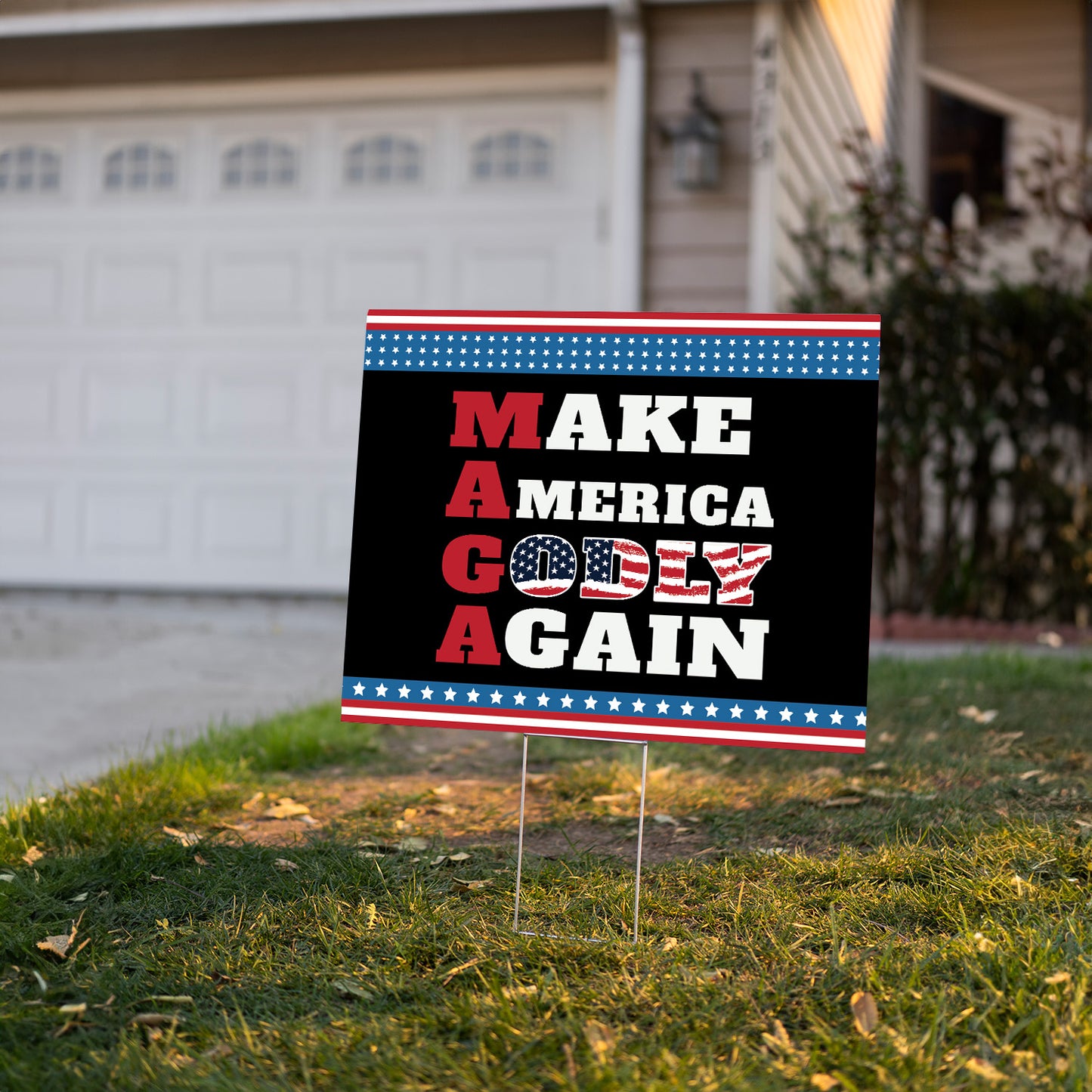 Teesdily | Make America Godly Again Yard Sign, American Flag Garden Lawn Sign, Jesus Christ Banner Outdoor Sign, Independence Decor, Jesus Lovers Gift