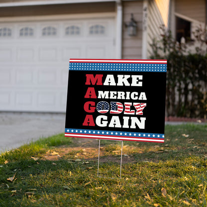 Teesdily | Make America Godly Again Yard Sign, American Flag Garden Lawn Sign, Jesus Christ Banner Outdoor Sign, Independence Decor, Jesus Lovers Gift