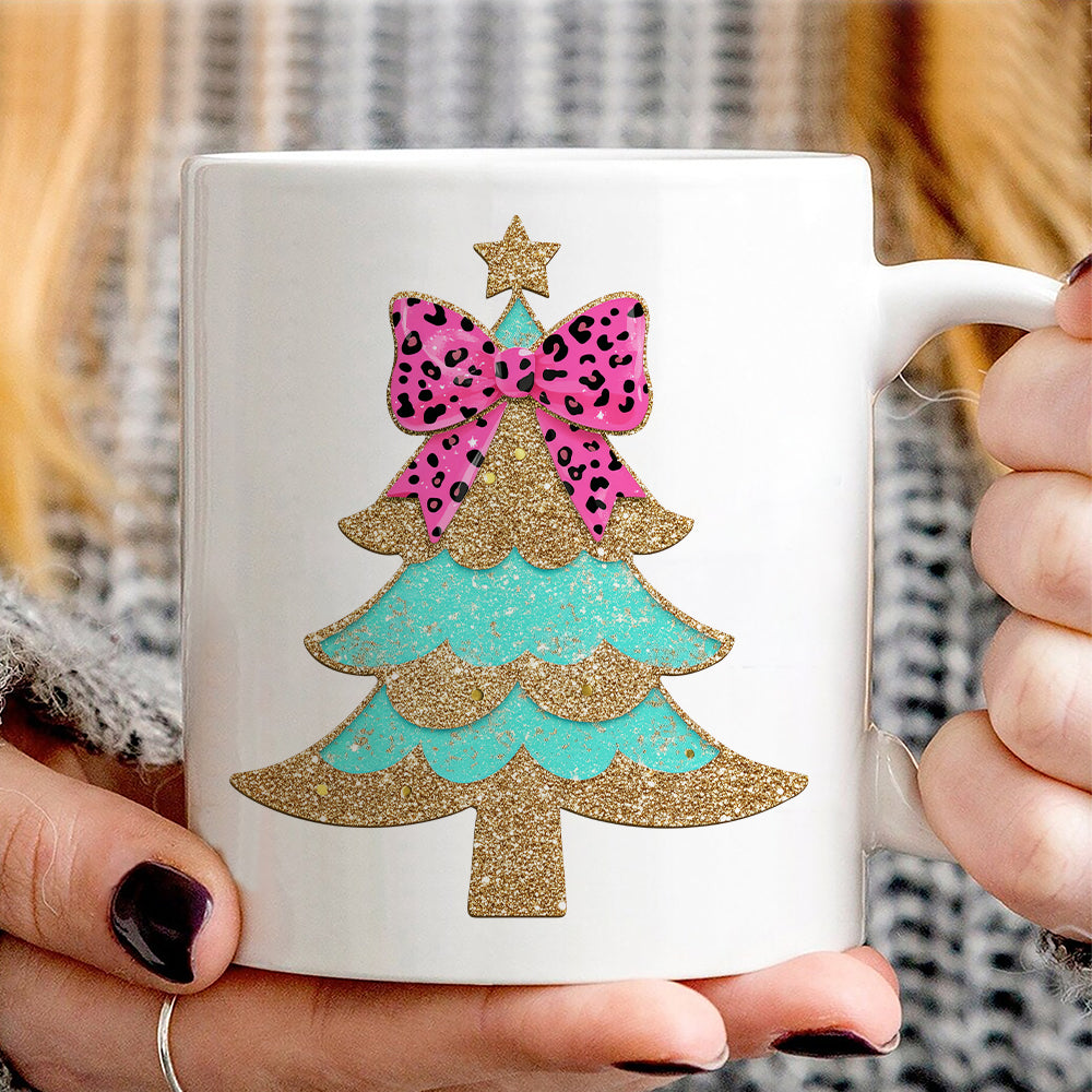 Teesdily | Christmas Tree Bow Shirt, Christmas Coquette Bow Glitter Leopard Sweatshirt, Christmas Hoodie Mug For Women