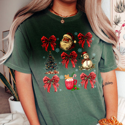 Teesdily | Christmas Coquette Bow Santa Shirt, Christmas Tree Snowman Mug Sweatshirt Hoodie, Retro Merry Bright Tee