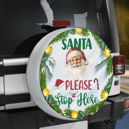 Teesdily | Santa Please Stop Here Car Spare Tire Cover, Christmas Wreath Santa Claus Wheel Cover, Christmas Car Tire Protector, Xmas Gift Decor