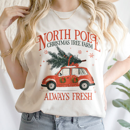 Teesdily | North Pole Christmas Tree Farm Always Fresh Shirt, Christmas Car Wreath Sweatshirt, Farm Fresh Christmas Hoodie Mug