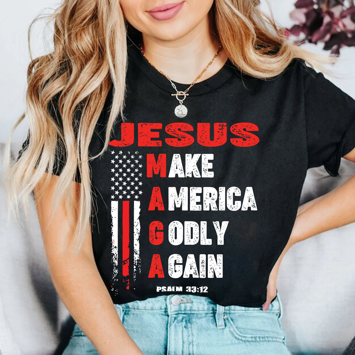 Teesdily | Jesus American Flag Shirt, Jesus Make America Godly Again Tee Sweatshirt Hoodie Mug, Jesus Lovers Tee Gifts, Patriotic Shirt