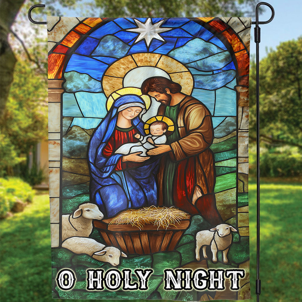 Teesdily | Christmas Jesus Nativity O Holy Night Garden Flag, Christian Christmas Scene Stained Glass Print House Flag Decor Yard