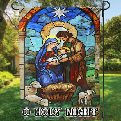 Teesdily | Christmas Jesus Nativity O Holy Night Garden Flag, Christian Christmas Scene Stained Glass Print House Flag Decor Yard